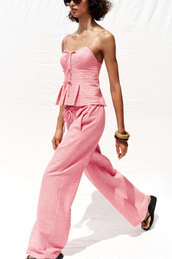 ZARA ТОП В ПОЛОСКУ С БАНТИКАМИ, РОЗОВЫЙ