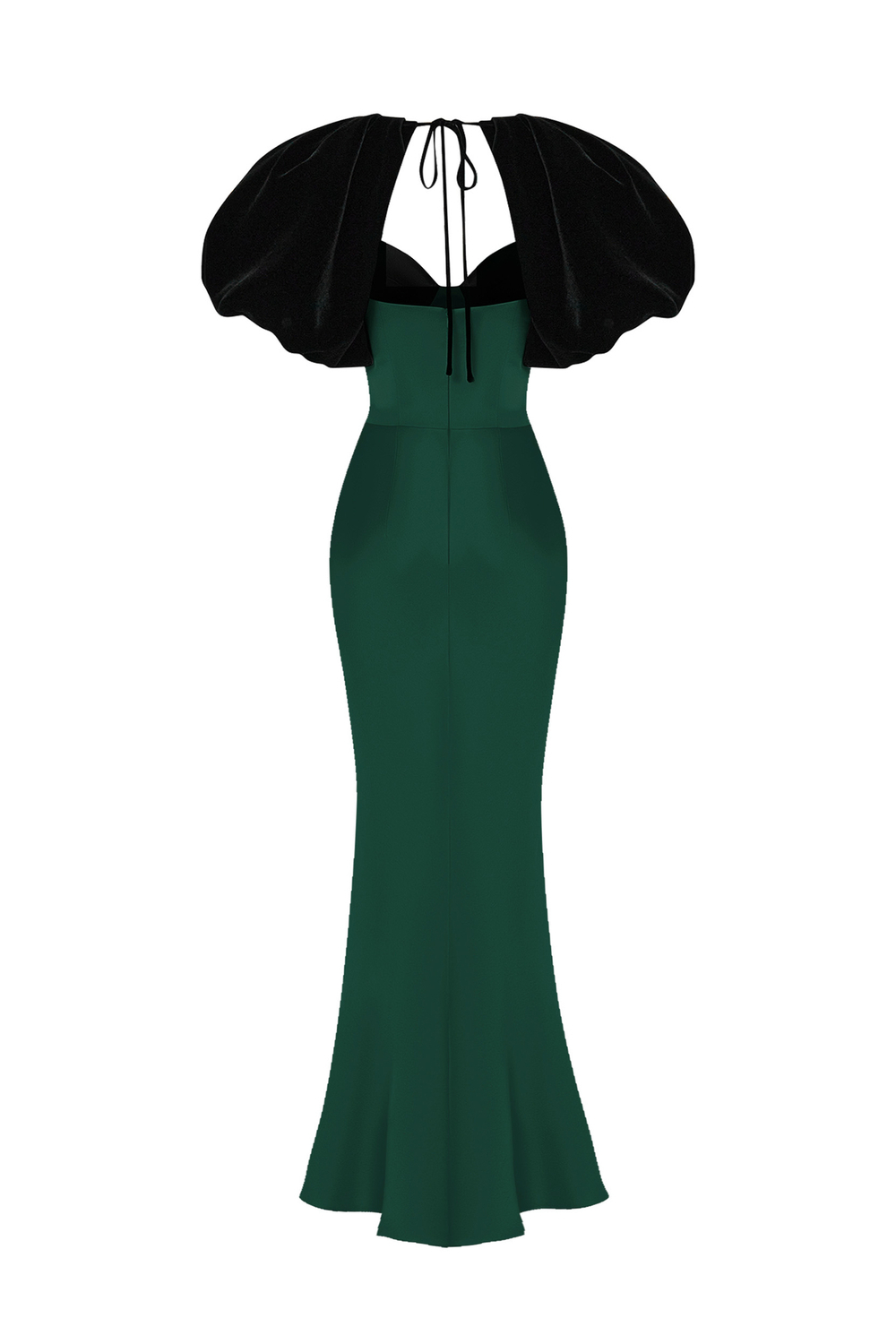 Платье макси из бархата и сатина с объемными рукавами и бахромой