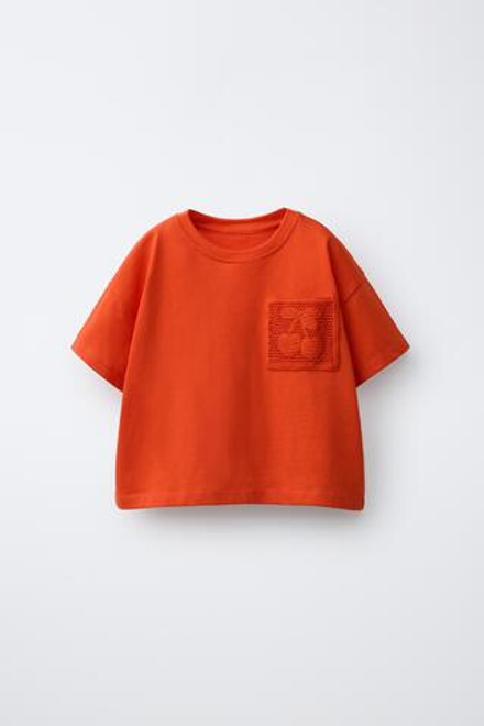 ZARA ФУТБОЛКА С КАРМАНОМ ИЗ КРУЖЕВА КРОШЕ, КРАСНЫЙ