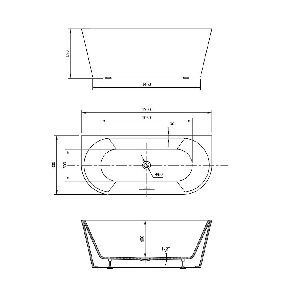 Ванна акриловая Vincea VBT-421-1700MB, 1700*800*580, цвет черн. мат., щелевой перелив, слив белый, , шт