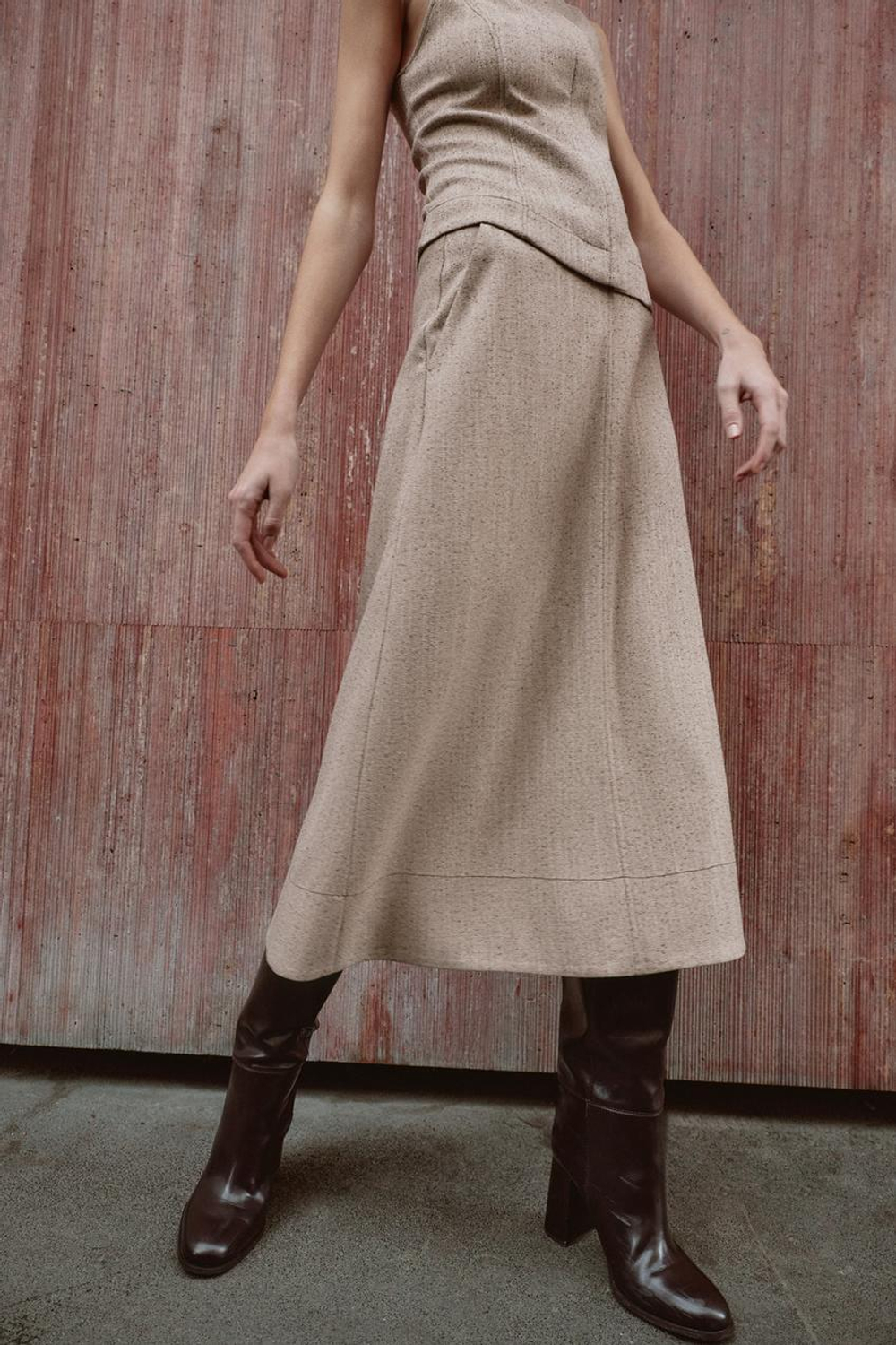 ZARA ЮБКА-МИДИ, РЫЖЕВАТО-КОРИЧНЕВЫЙ