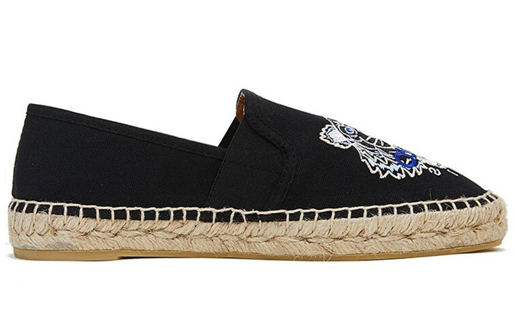 KENZO Takada Kenzo Tiger Head Embroidered Breathable and comfortable straw Flat shoes Women's Black