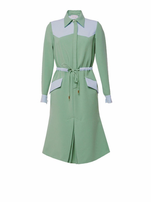 Платье с отложным воротничком салатовое с голубой отделкой 08-02-19FW