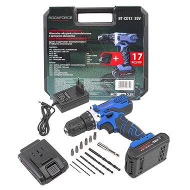 Дрель-шуруповерт аккум 20V,25Нм,1.3Ah патрон 1-10мм(2 штLi-ionиндикатор зарядки сверло1.5,2,3,4,5,6мм.биты PH1,2 PZ1,2,SL5,6, битодержатель)в кейсе RockForce##Rock FORCE RF-BT-CD12 20V