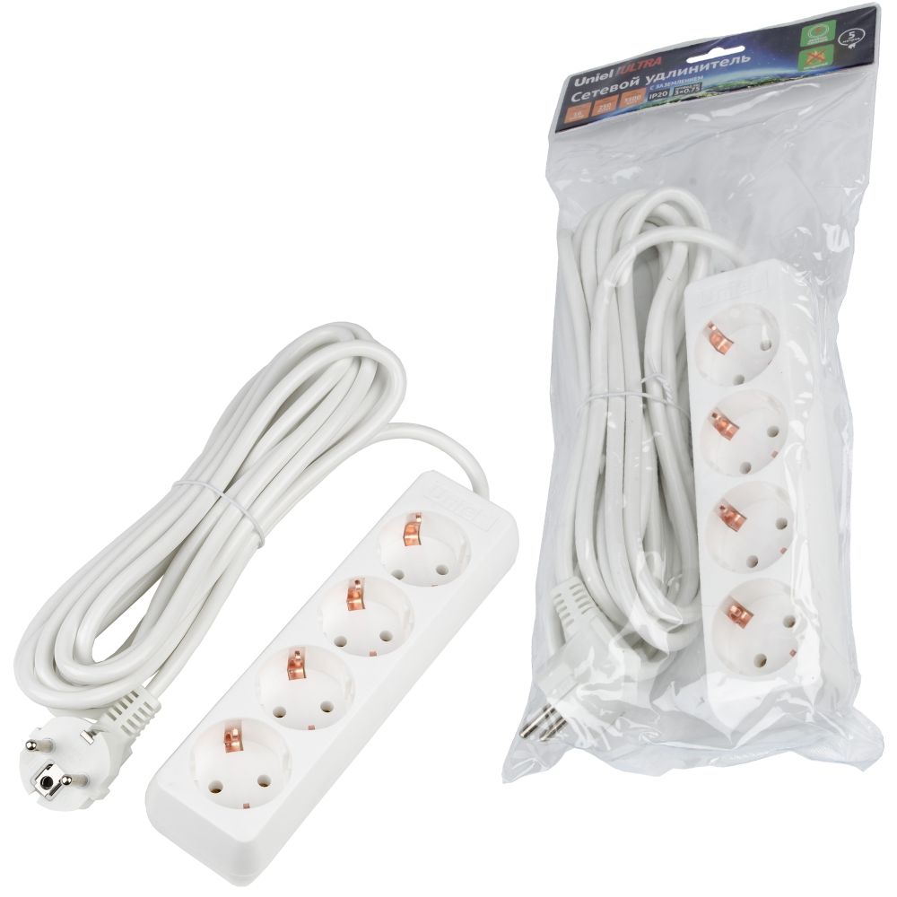 S-GCU4-5 WHITE Удлинитель серии Ultra. шнур 5м.. 4 гнезда. 16A. с-з. Белый. TM Uniel
