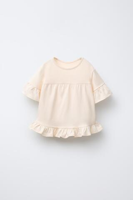 ZARA ОДНОТОННАЯ ФУТБОЛКА С ВОЛАНАМИ, ЭКРЮ