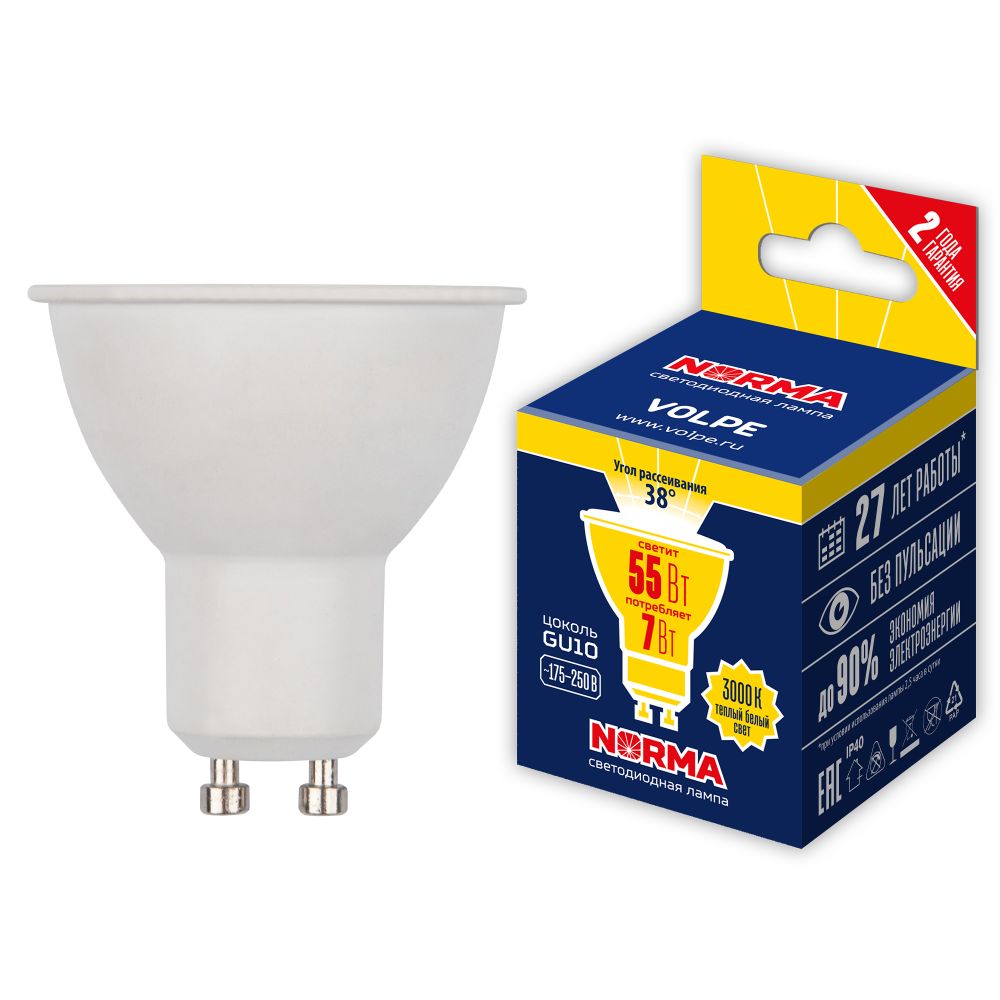 LED-JCDR-7W-3000K-GU10-38D-NR Лампа светодиодная. Форма JCDR. матовая. Серия Norma. Теплый белый свет 3000K. Угол свечения 38. Картон. ТМ Volpe