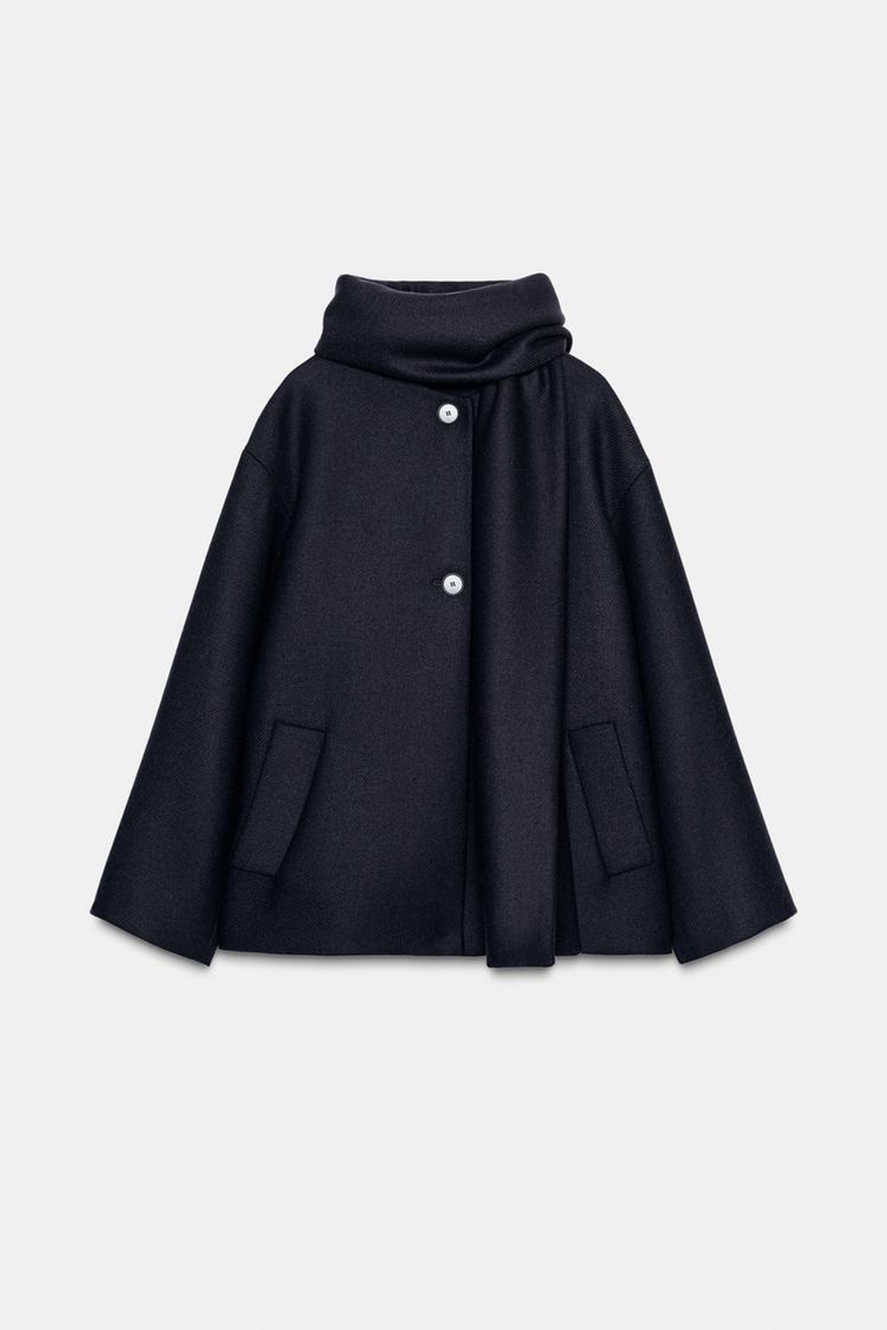 ZARA КОРОТКОЕ ПАЛЬТО ИЗ СМЕСОВОЙ ШЕРСТИ С ШАРФОМ, МОРСКОЙ СИНИЙ