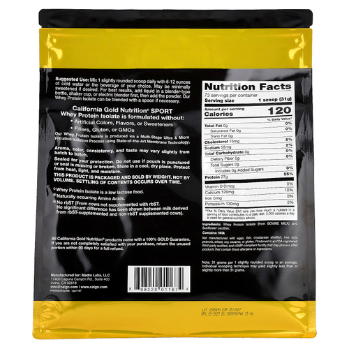 California Gold Nutrition, Sport, изолят сывороточного протеина, без добавок, 2,27 кг (5 фунтов)