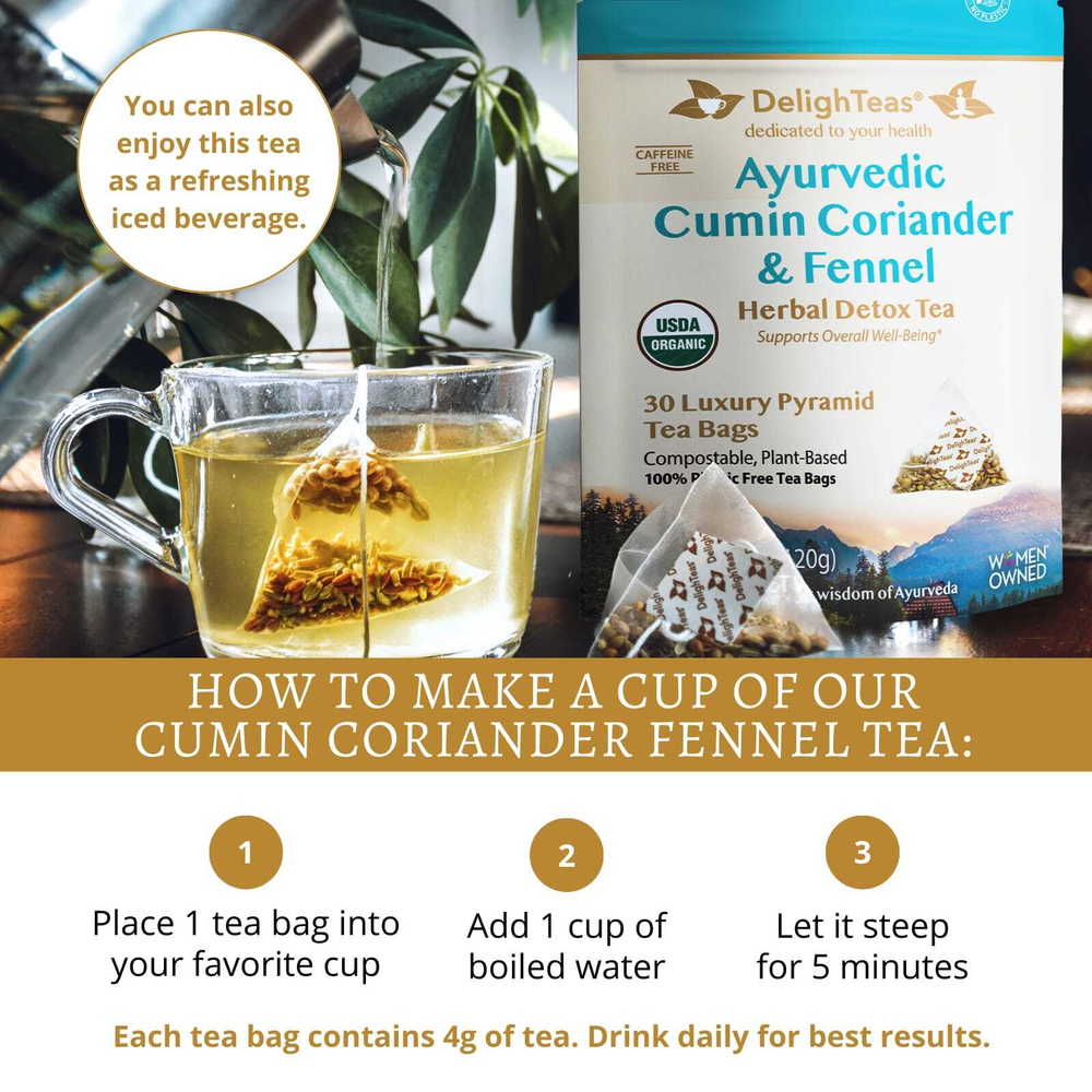DelighTeas, Ayurvedic Cumin, Coriander & Fennel, травяной чай для выведения токсинов, без кофеина, 30 роскошных чайных пакетиков Pyramid, 120 г (4,2 унции)