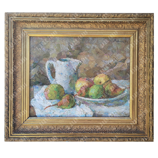 Динес Ю. С. Натюрморт с яблоками, грушами и белым кувшином. Холст, масло. 1947