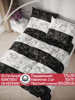 Постельное белье "Кошки и мышки" 2-спальный  наволочки 50х70 2шт Простынь на резинке 160х200 см Пододеяльник 175х215 см Сказка сатин