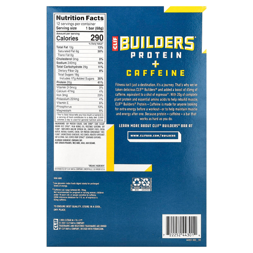 Clif Bar, Builders® Protein + Caffeine Bar, Chocolate Chip Cookie Dough, 12 Bars, 2.40 oz (68 g) Each