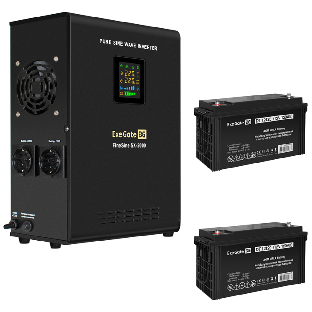 ИБП + батарея ExeGate FineSine SX-2000.LCD.AVR.2SH + 2x DT 12120 (120Ач)