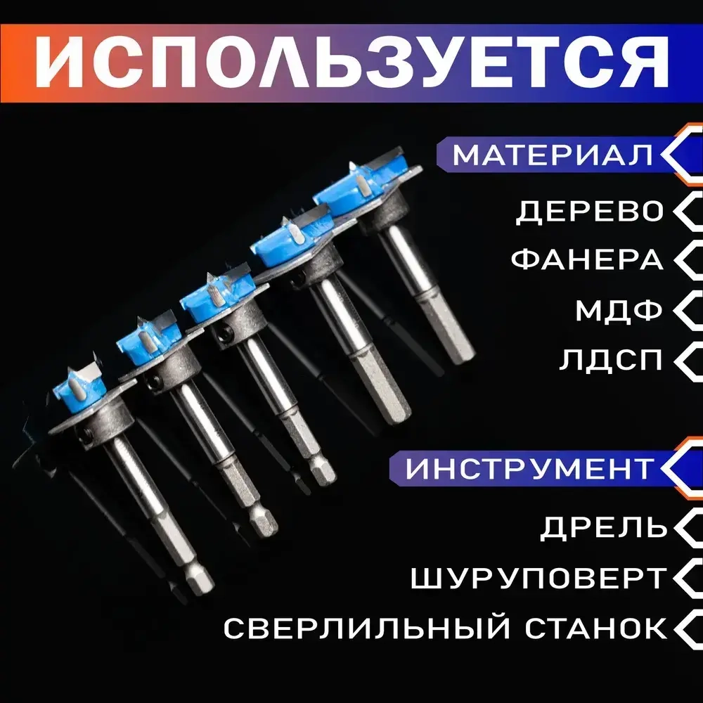 Набор сверл форстнера с ограничителем 15 20 25 30 и 35 мм