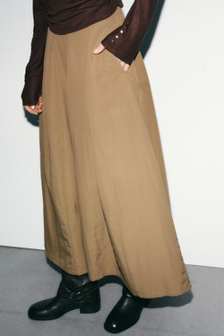 ZARA НЕЙЛОНОВАЯ ЮБКА МИДИ, ТЕМНО-БЕЖЕВЫЙ