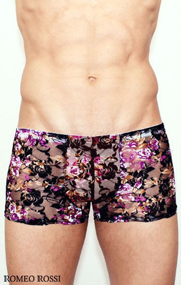 Мужские трусы боксеры черные  с пурпурными розами Romeo Rossi Rose Boxer RR00232