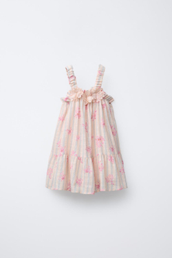 ZARA ПЛАТЬЕ С ПОЛОСКАМИ И ЦВЕТОЧНЫМ УЗОРОМ, ПЕРСИКОВЫЙ