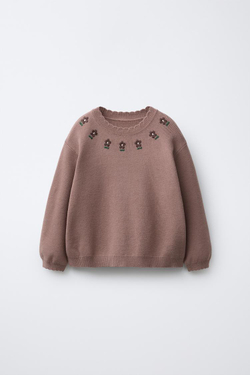 ZARA ВЯЗАНЫЙ СВИТЕР С ВЫШИТЫМИ ЦВЕТАМИ, ПУДРОВО-РОЗОВЫЙ