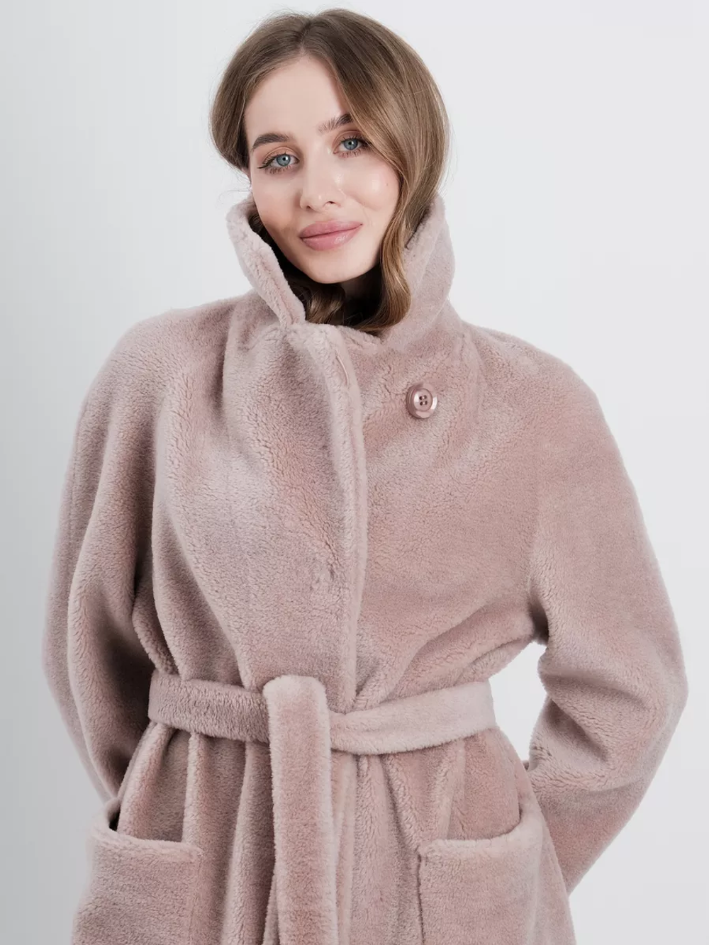 Шуба женская чебурашка тедди из шерсти мериноса, розовая пудра, SilverFox