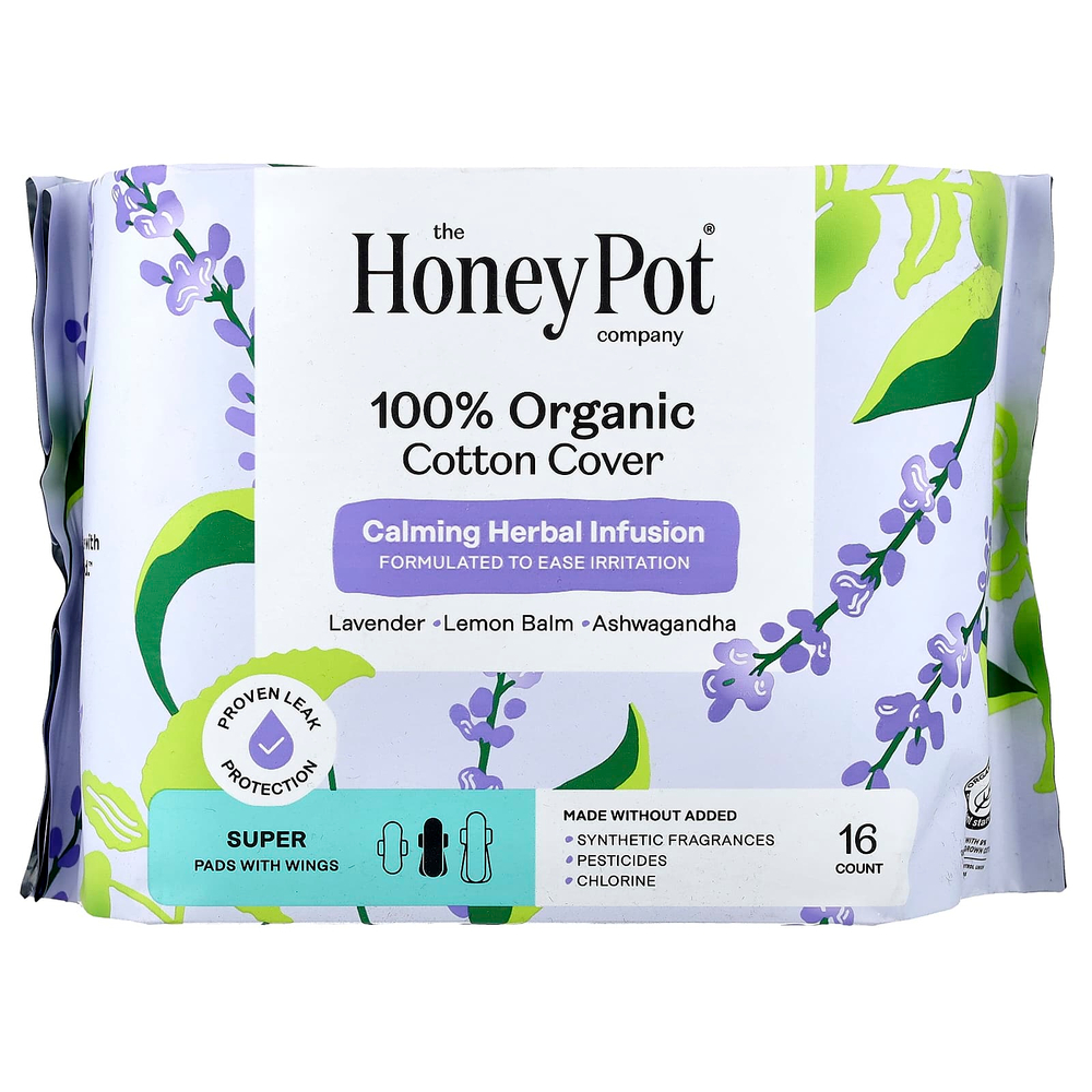 The Honey Pot Company, органический успокаивающий травяной настой, подушечки с крылышками, супер, 16 шт.