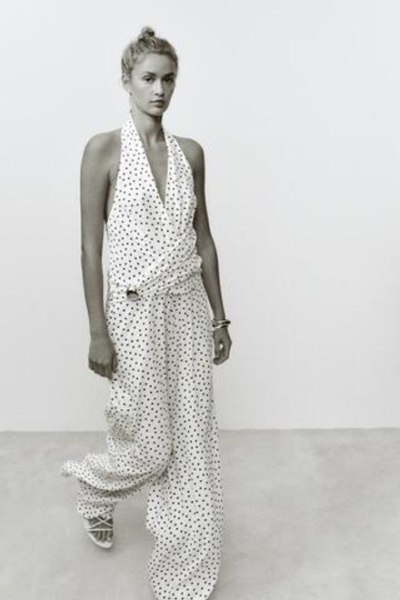 ZARA КОМБИНЕЗОН ХАЛТЕР В ГОРОШЕК, ЭКРЮ/КОРИЧНЕВЫЙ