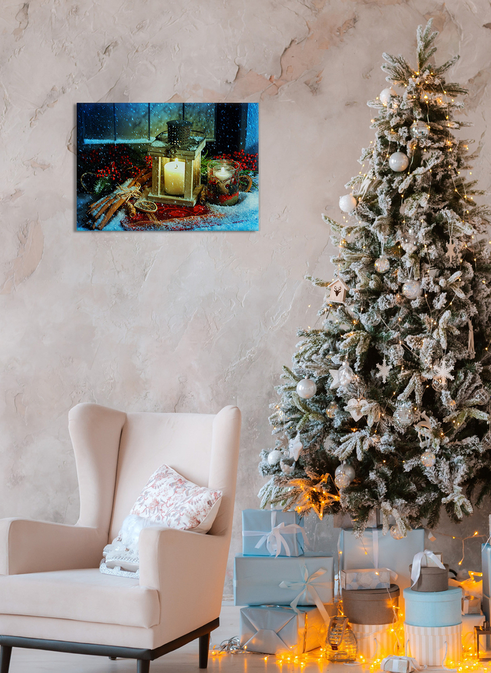 Картина на стекле, Подарок на Новый год, Картина на стену Новогодние свечи, 40х28см Декор для дома, подарок