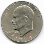 1 доллар 1974 год (D). США. Эйзенхауэр. Медь с медно-никелевым покрытием, диаметр 38.1 мм. XF-AU