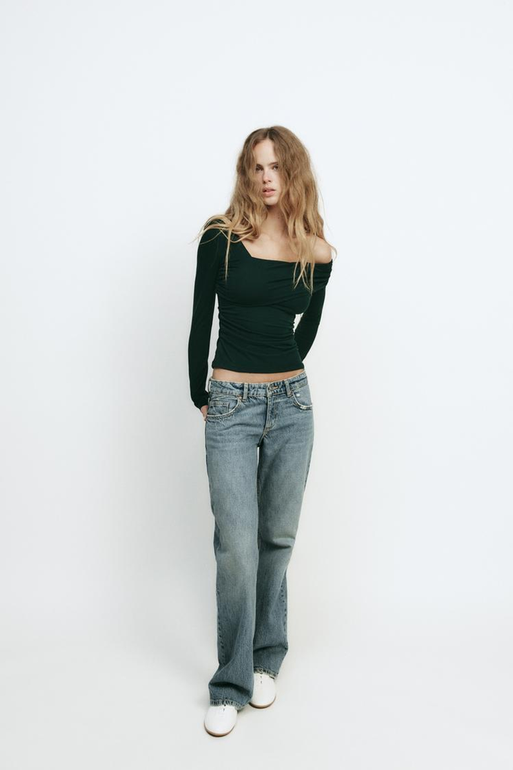 ZARA ТОП С АСИММЕТРИЧНОЙ ГОРЛОВИНОЙ, ТЕМНО-ЗЕЛЕНЫЙ