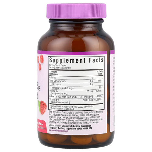 Bluebonnet Nutrition, Earth Sweet®, жевательные таблетки, витамины B6, B12 и фолиевая кислота, малина, 60 жевательных таблеток