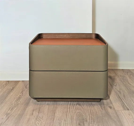 Тумба прикроватная Fidelio, бежевая экокожа, шпон ореха