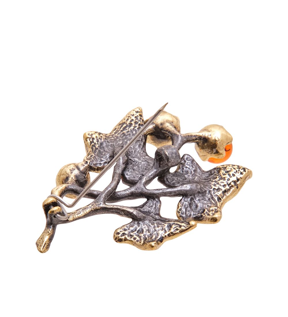 AM-3521 Брошь «Цветок Клематис» (латунь, янтарь)