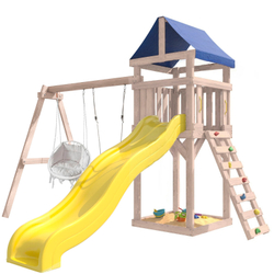 Детская площадка неокрашенная Сlassic с качелями лодочка и подвесным креслом с подушкой IgroWoods для улицы и дачи