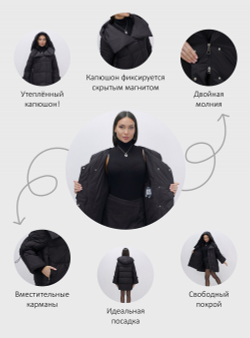 Куртка зимняя женская с большим капюшоном модная черного цвета 7739Ch