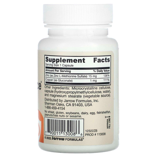 Jarrow Formulas, Zinc Balance, веганская добавка, 100 растительных капсул