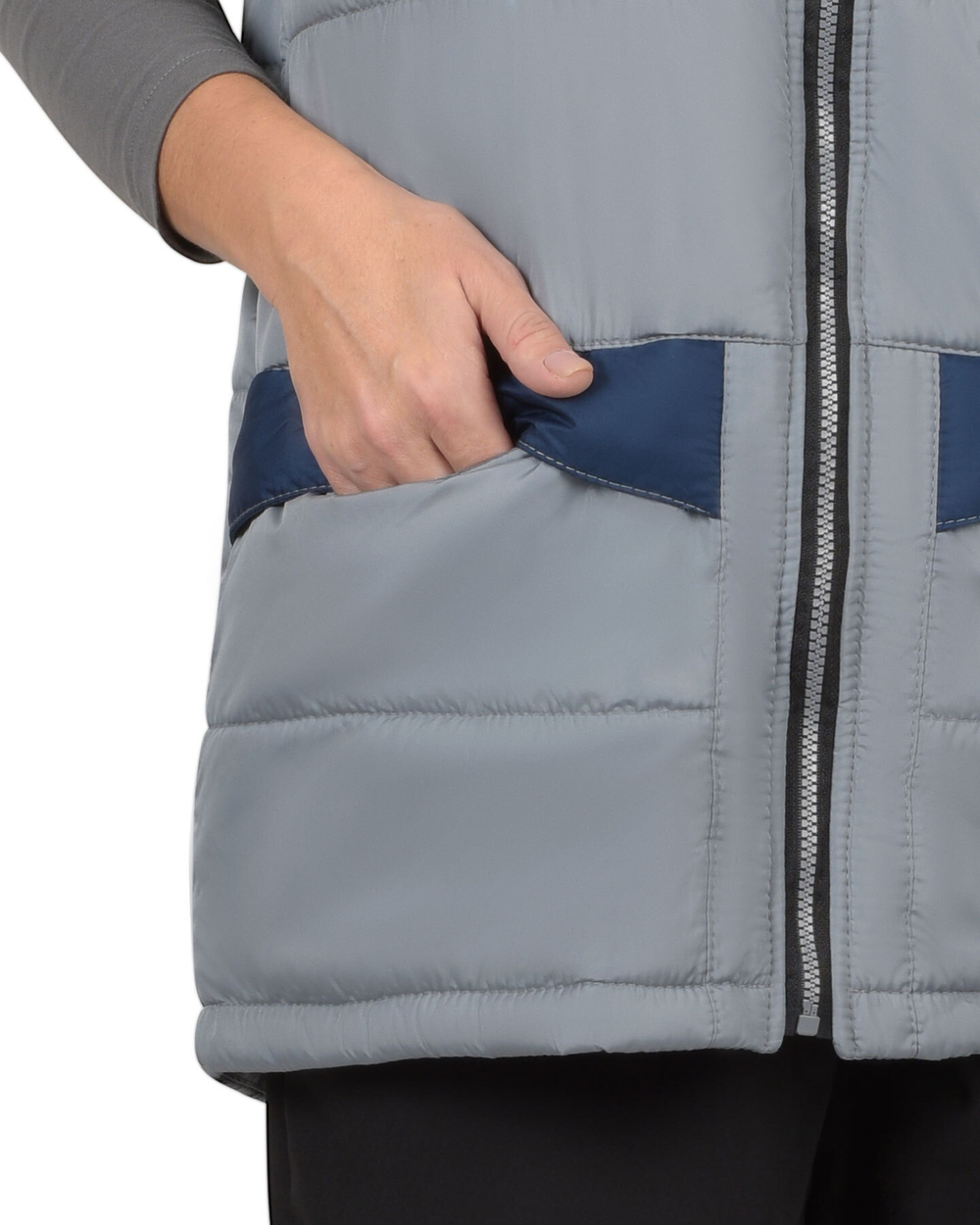 Жилет СИРИУС-ЕВРОНИКА утепленный светло-серый с тёмно-синим с капюшоном с флисовой подкладкой