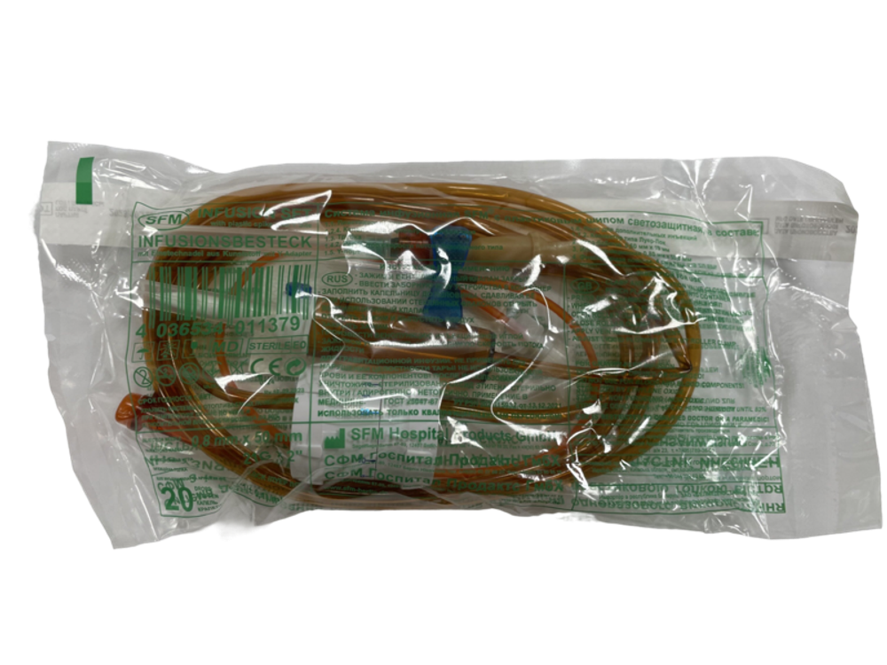 Система инфузионная светозащитная с Y портом Luer Lock, двумя иглами 0,6 ⨯ 19 мм (23G) + 0,8 ⨯ 50 мм (21G) и пластиковым шипом SFM 1 шт