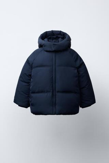 ZARA СТЕГАНАЯ КУРТКА С КАПЮШОНОМ WATER REPELLENT, МОРСКОЙ СИНИЙ