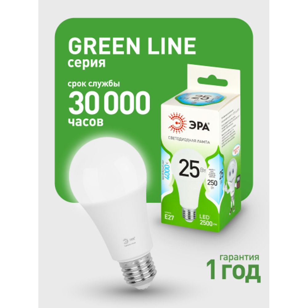 Лампа светодиодная ЭРА GREEN LINE LED A60-25W-840-E27 GL 25Вт груша яркий белый свет E27 | Лампы cветодиодные Груша (A)
