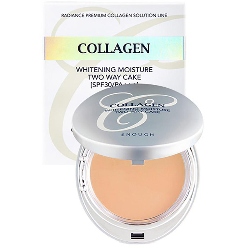 Enough W Collagen Whitening Twoway Cake осветляющая пудра на основе коллагена (13 гр+запаска 13 гр) 21 тон розовый айвори