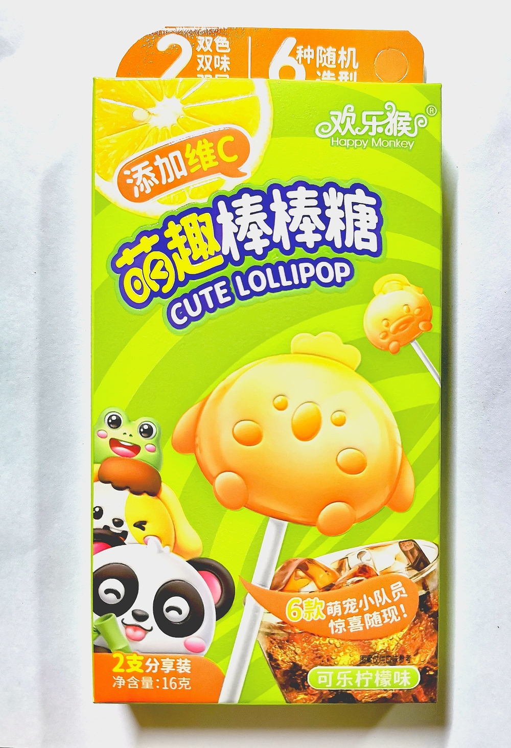 Леденцы на палочке LOLIPOPS Happy Monkey 2 шт 16гр лимон кола