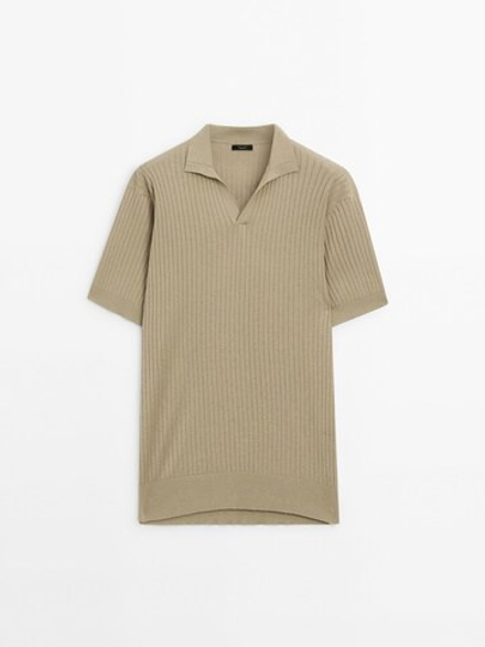 Massimo Dutti Поло из хлопка и льна в рубчик, зеленоватый