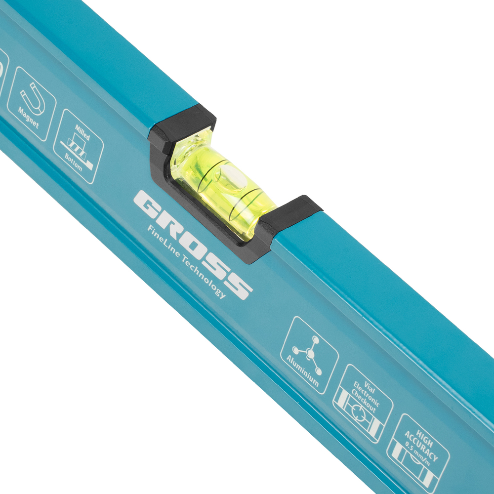 Уровень алюминиевый, магнит., фрезерованный, 3 глазка, 0,5 мм/м, 1500 мм Gross