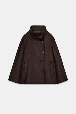 ZARA КОРОТКОЕ ПАЛЬТО ИЗ СМЕСОВОЙ ШЕРСТИ С ВОРОТНИКОМ СТОЙКОЙ, ЧЕРНЫЙ