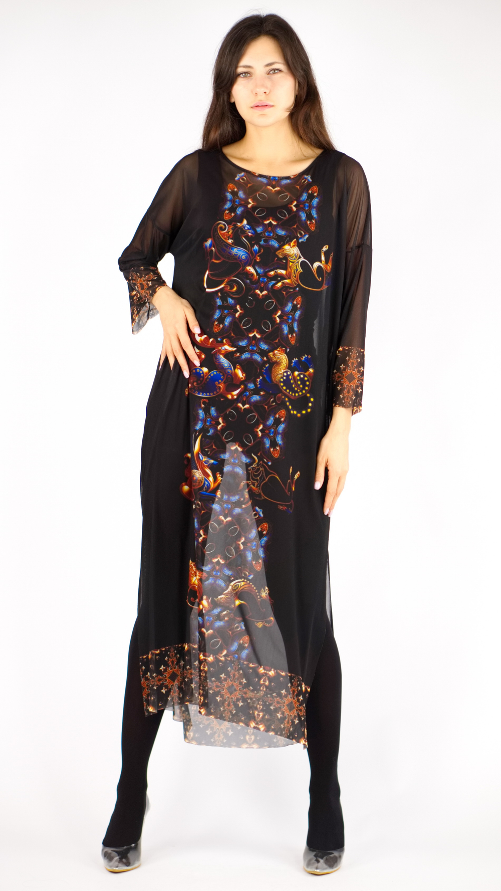 Платье-туника из сетки "Загадки скифов", принт по мотивам скифских татуировок, по материалам раскопок Пазырыкских курганов