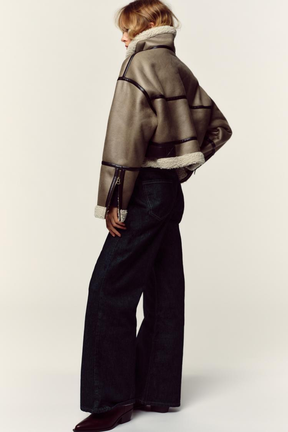 ZARA КОРОТКАЯ КУРТКА-ДУБЛЕНКА, СЕРО-КОРИЧНЕВЫЙ