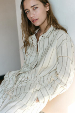 ZARA БРЮКИ В ПИЖАМНОМ СТИЛЕ В ПОЛОСКУ, ЭКРЮ/СИНИЙ