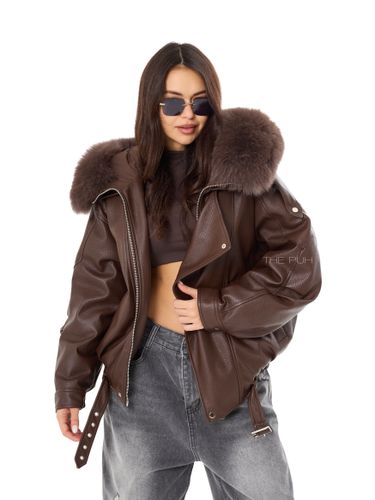 Шоколадный пуховик из эко-кожи с капюшоном