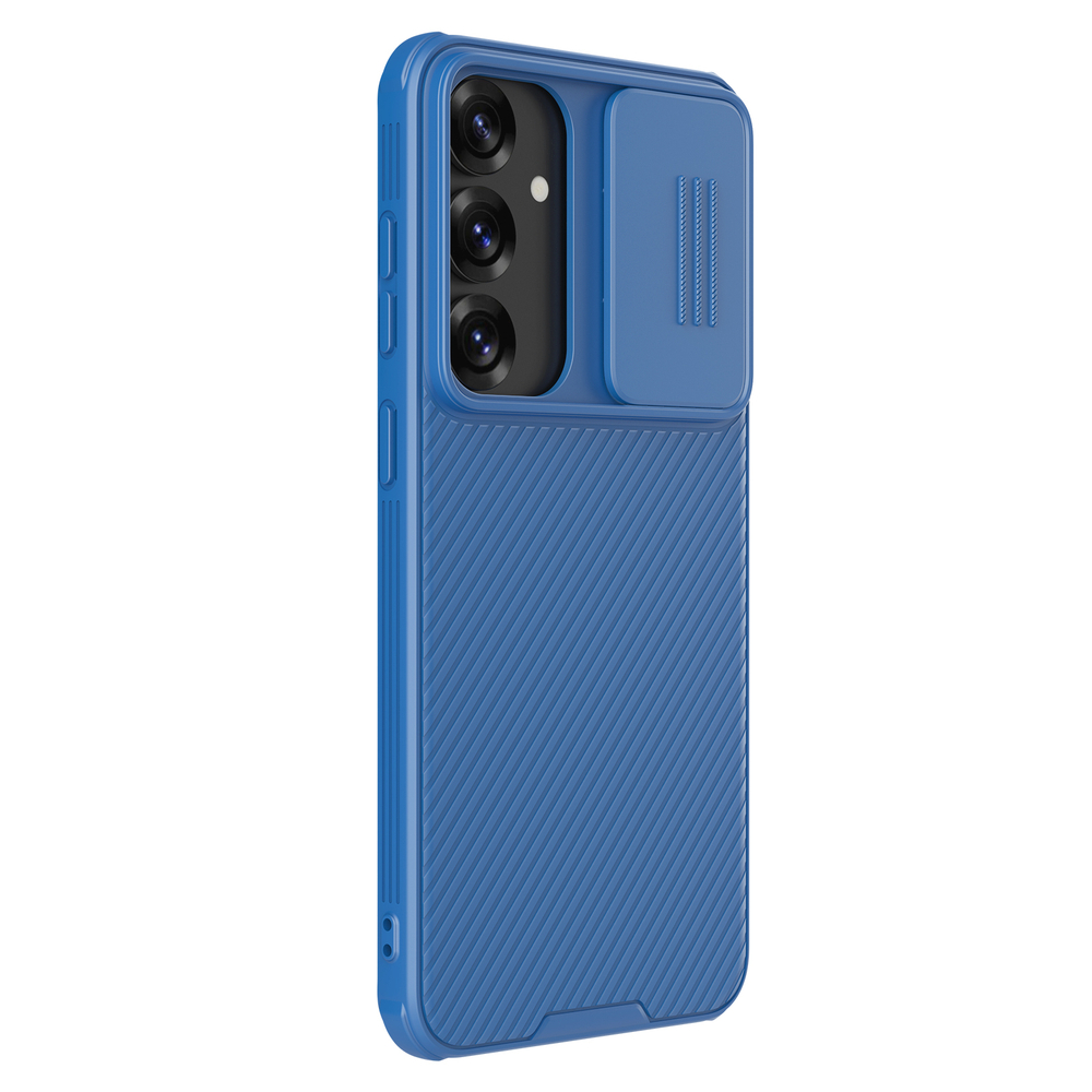 Чехол синего цвета с защитной шторкой для камеры от Nillkin на Samsung Galaxy S25, серия CamShield Pro Case