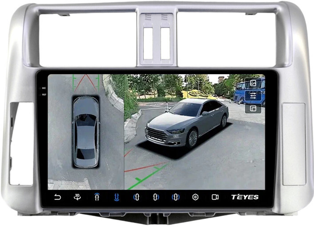 Магнитола для Toyota Land Cruiser Prado 150 2009-2013 (рамка серебро) - Teyes CC3-2K-360 на Android 10, 2K QLED, 6Гб+128Гб, CarPlay, 4G SIM-слот, 4 камеры в комплекте